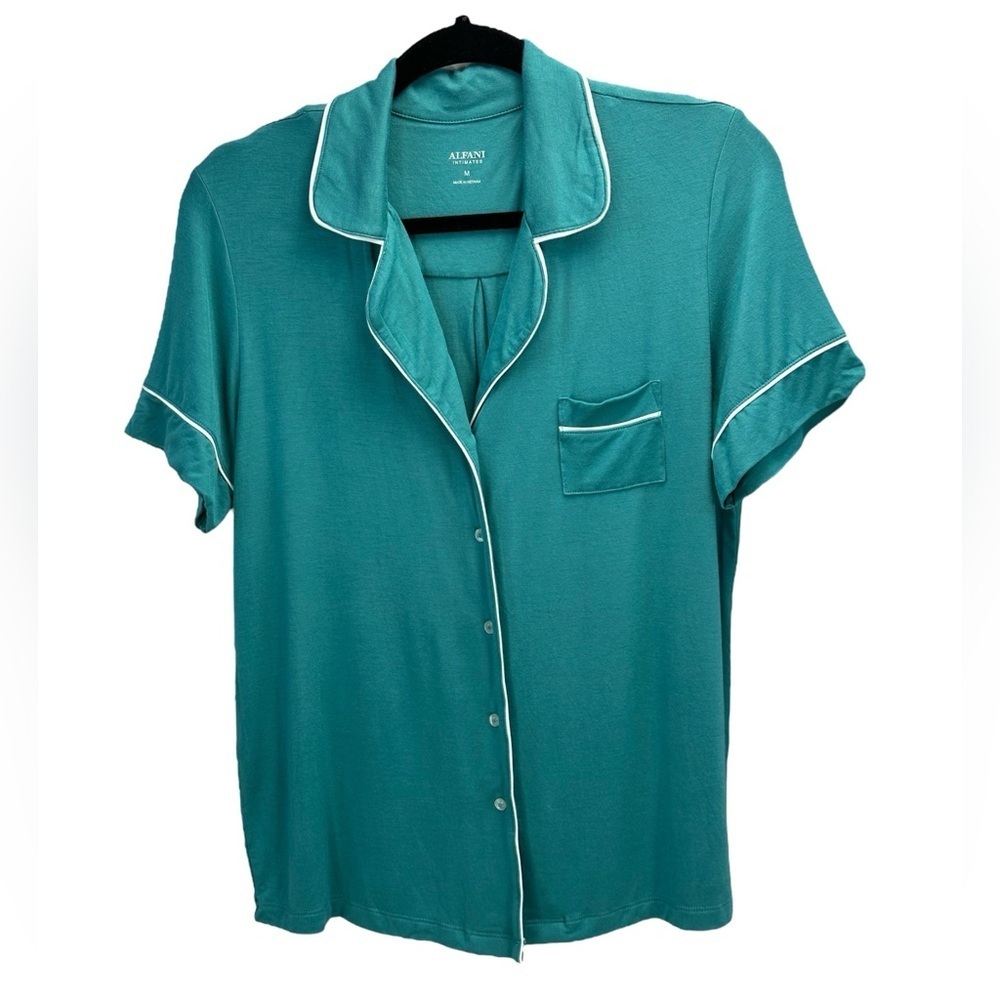 Alfani 2-piece Notch Collar Button Down Pajama Short Set - Teal Blue Green - Med - Picture 3 of 11